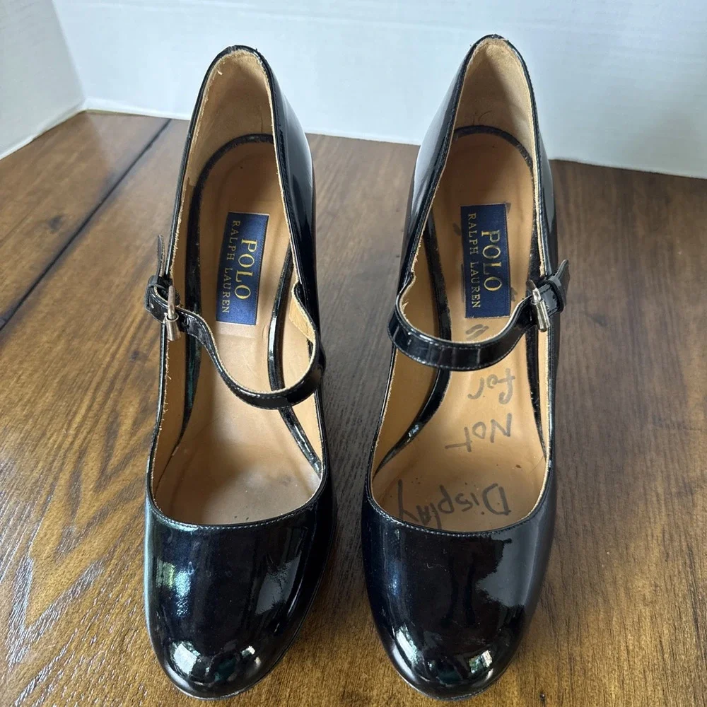 Polo Ralph Lauren Emerson Patent Leather Mary Jane Pumps Black Size 39 US 8.5